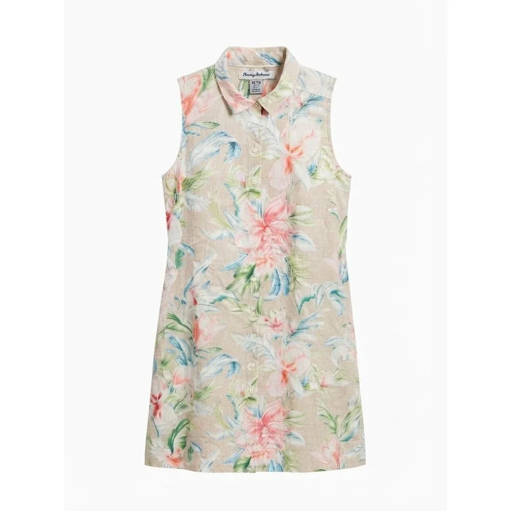 Tommy Bahama Womens XL Beige Floral 100% Linen Sleeveless Shirt Dress - CJ